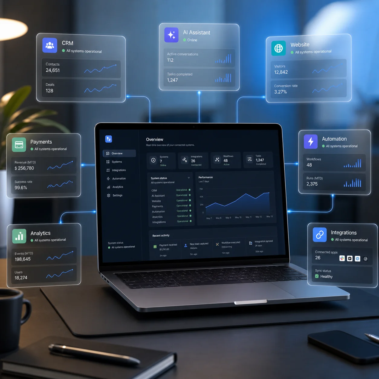 MacBook showing a connected SaaS dashboard with floating CRM, AI, payments, automation, analytics, and integration cards