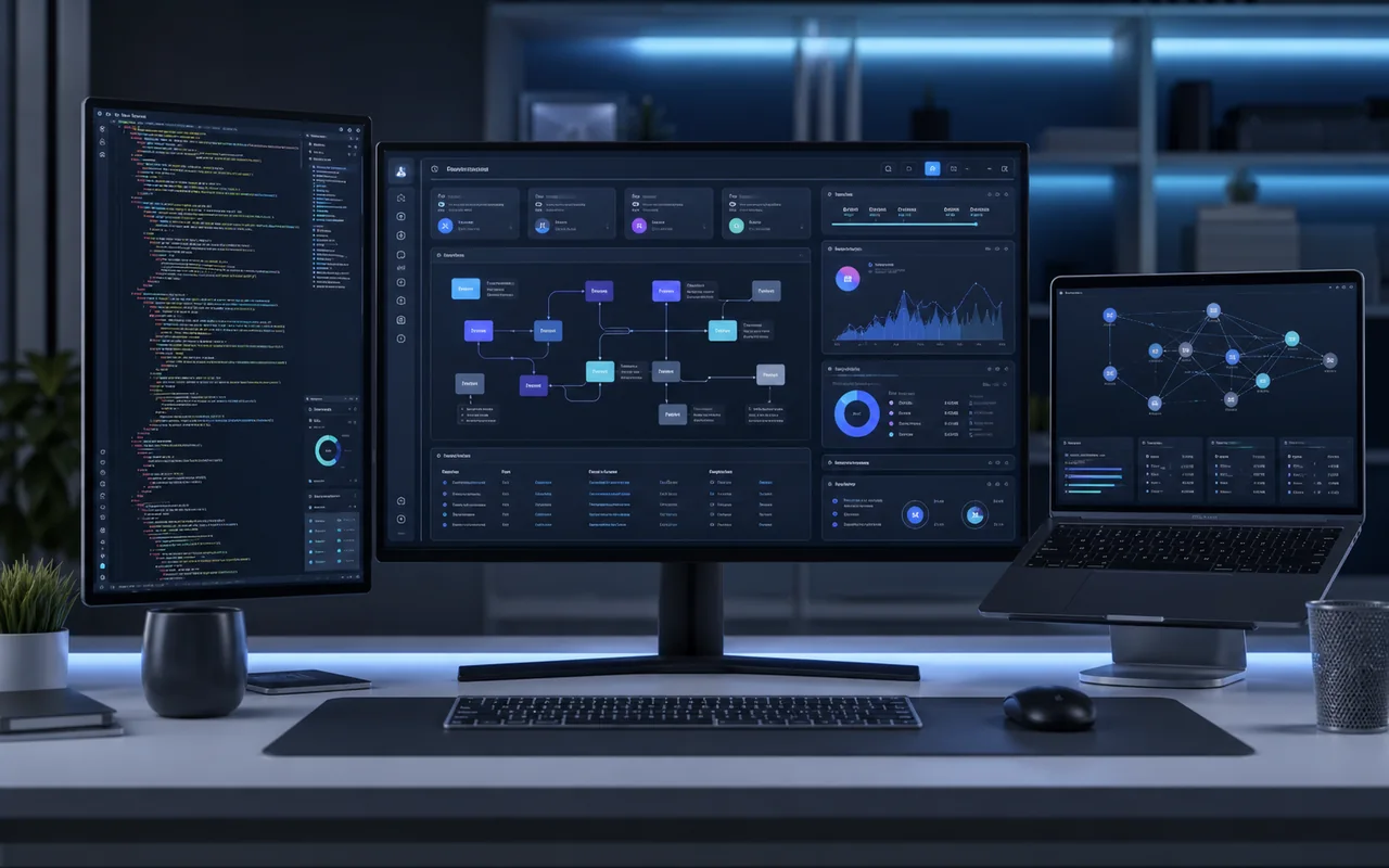 Developer workspace with enterprise software dashboards